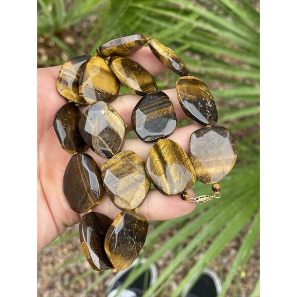 GSJ Signed 14k Gold Tigers Eye Necklace Chunk Stone Heavy Statement 18” Strand - Picture 7 of 9
